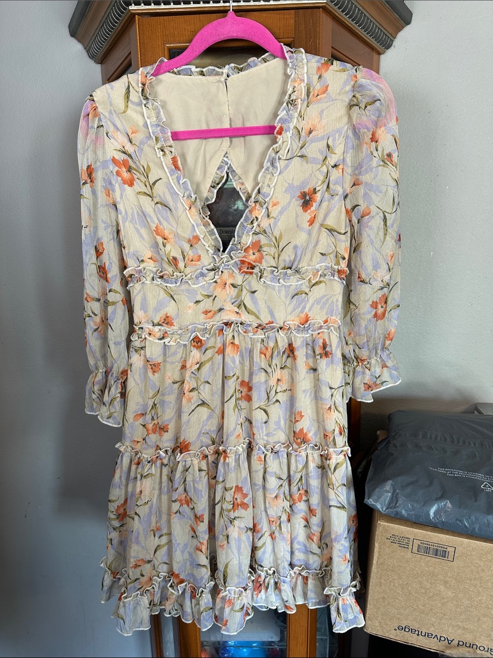 Vici Floral Ruffled Tiered Mini Dress in Cream, Orange & Lavender